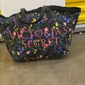 Victoria's Secret Black Floral Tote with Pink Logo